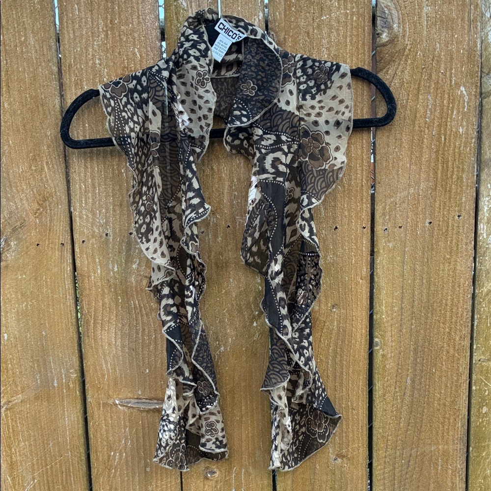 Chico's Brown and Cream Patterned Ruffle Scarf. Animal prints florals  dots. Fun